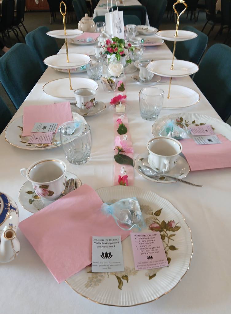 Church tea table setting with floral details